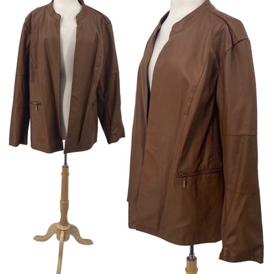 Avenue Faux Leather Jacket Open Front Knit Inserts Collarless Tan NEW Womens 5X