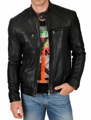 Men's Classic Style 100% Genuine Lambskin Leather Black Designer Biker Jacket