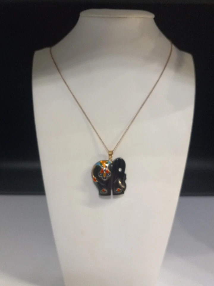 14K Gold Filled Chain Black Onyx Crystal Enamel Elephant 18 Inch Necklace - Image 2 of 4