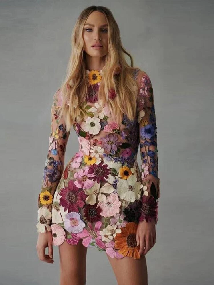 Party Dress Women's O-neck Long-sleeved 3d Flower Lace Applique Dress | eBay