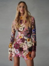 Party Dress Women's O-neck Long-sleeved 3d Flower Lace Applique Dress