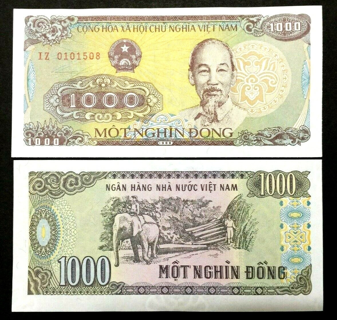ベトナム　(Vietnam)　旧紙幣　１９８８年ホーチミン肖像１０００ドン札１枚 VIETNAM 1000 Dong Year 1988 Banknote World Paper Money UNC