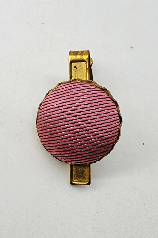 Vintage Gold Pink Fabric Upholstery Button 1 1/2 1.5" Tie Bar Clip Clasp Antique - Image 4 of 4