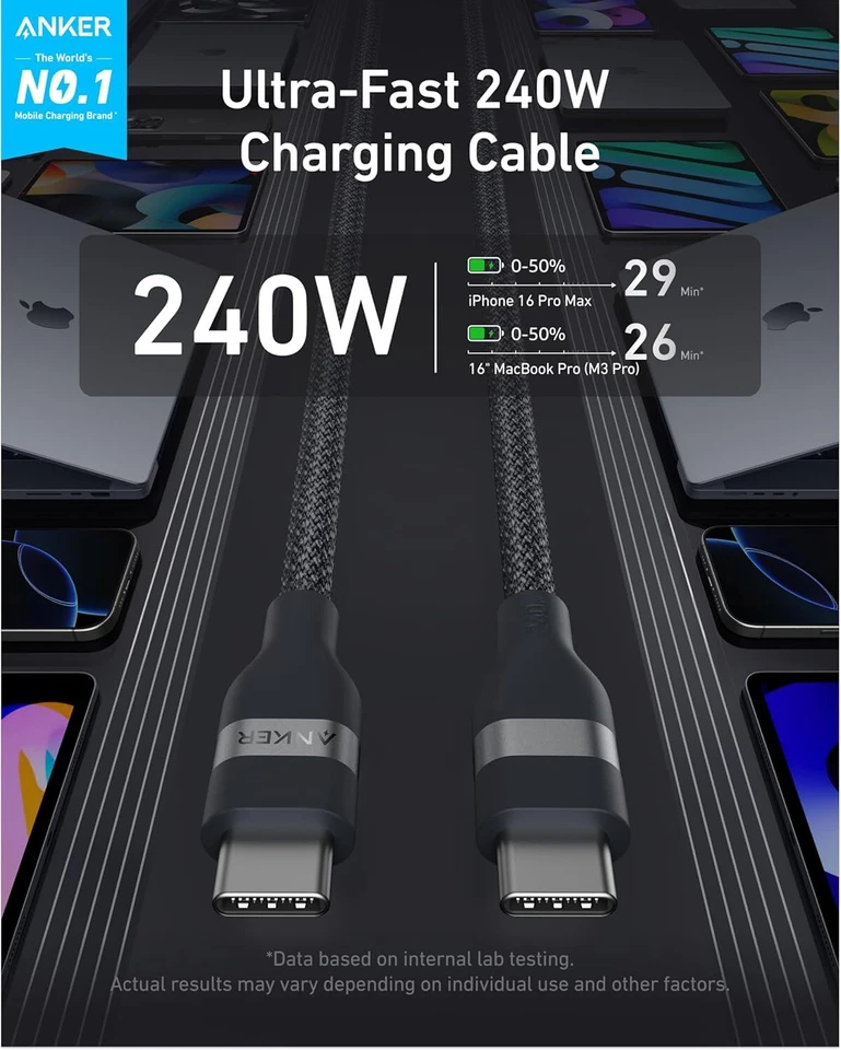 Anker Nano USB C Cable 240W Charging 3ft Flexible Braided Cord for iPhone 16/Mac - Image 2 of 4