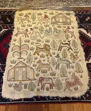 Vintage Kashmiri Chain Stitch Hand Wool Embroidered Pictorial Animal Tapestry