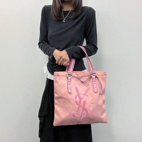 Yves Saint Laurent YSL Embroidered Logo Pink Canvas Drawstring Tote Bag