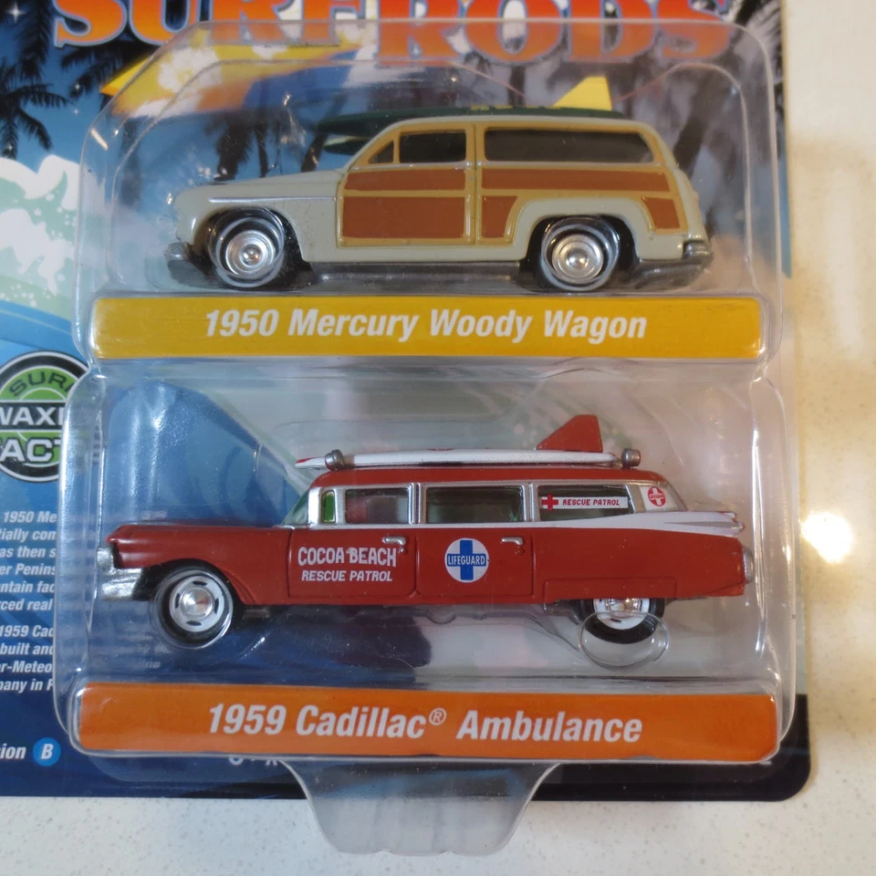 Johnny Lightning Surf Rods 1950 Mercury Woody Wagon + 1959 Cadillac Ambulance - Image 2 of 3