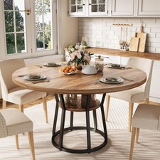 Round Dining Table for 4-6 People, 120cm Farmhouse Wooden Kitchen Dinner Table