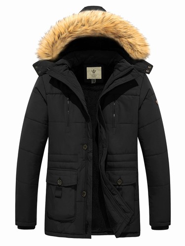 Men's Winter Coat Bubble Parka Jacket with Fur Removable Hood (Black, L)