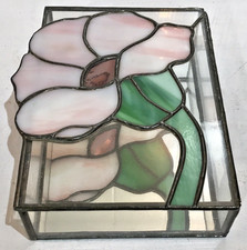 Vintage Leaded Stained Glass Pink Rose Top Mirrored Trinket Jewelry Vanity Box