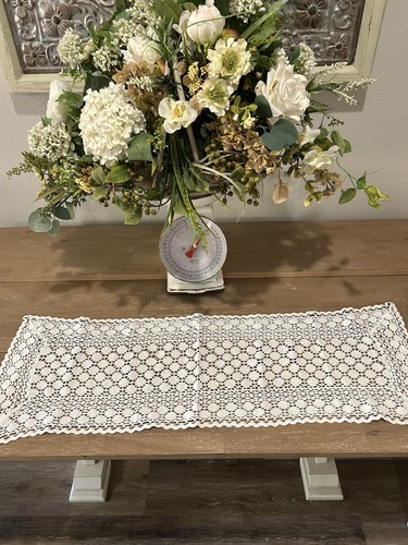 Vintage Mid Century Crocheted Table Runner 37"x12" White Medallion Scalloped Hem