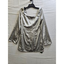 Wild Fable Silver Satin Square Neck Long Sleeve Mini Dress Low Back NWT Small