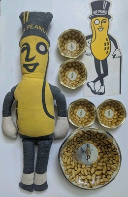 Vintage Planters Mr. Peanut Lot, Doll, 5 Tray/Dish Set, Pre-Owned