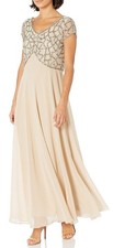 J Kara Womens Petite Short Sleeve Long Beaded Gown Empire Waist Size 6P Camel