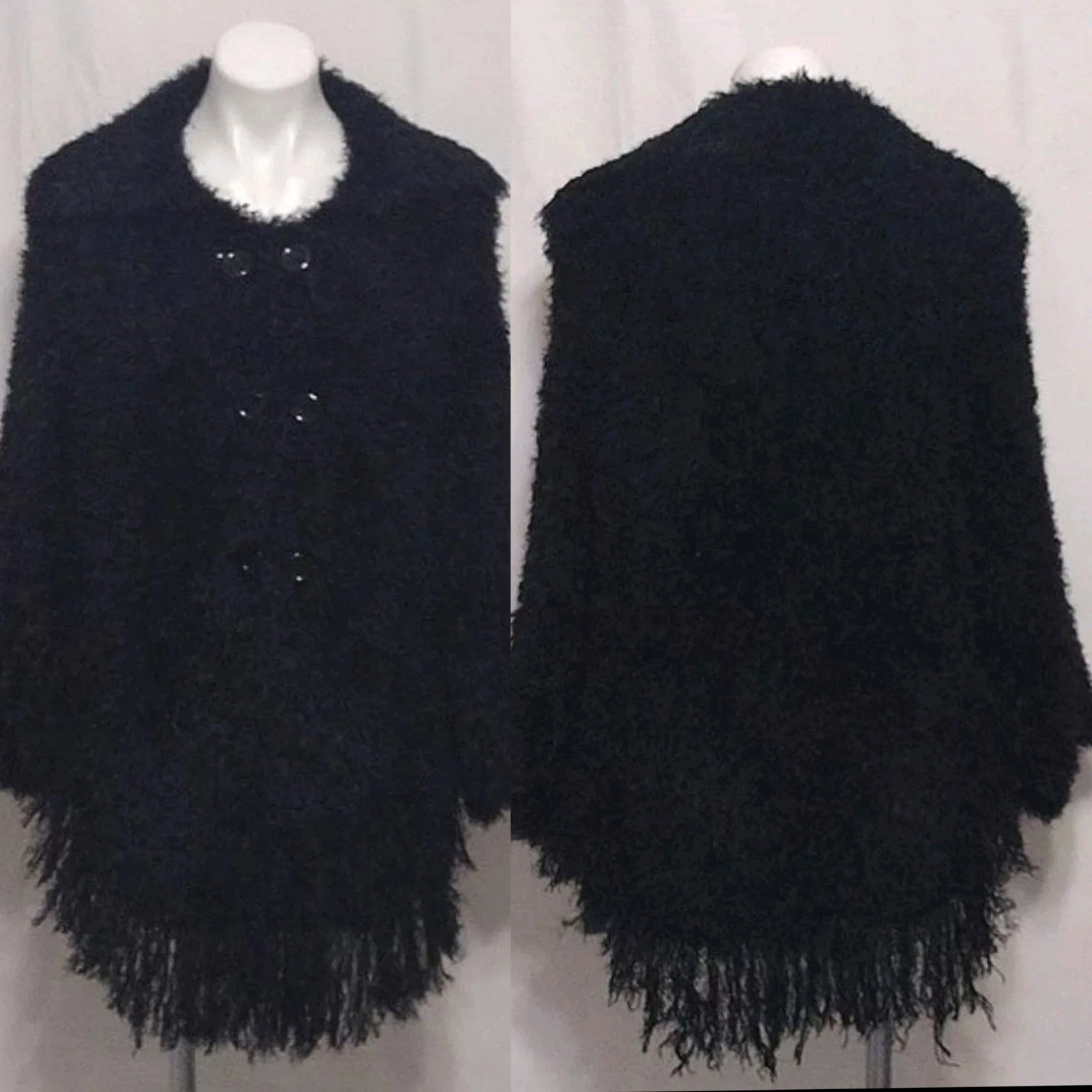 Calico Black Faux Fur Wool Blend Poncho Wrap Fringe Travel Blanket Coat One Size