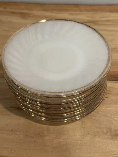 Vintage FIRE KING ANCHOR HOCKING Swirl Gold Rim Milk Glass Saucers Set Of 12