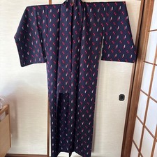 Vintage Wool Kimono Women  s Navy Red White Kasuri Pattern