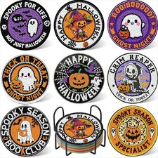 8PCS Halloween Diamond Art Coasters Kit for Adults,Non-Slip,4x4 in