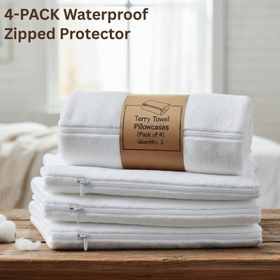 4er Pack Frottee Kissenbezug Schoner 100% Wasserdicht Reißverschluss Kissenhülle Bezug