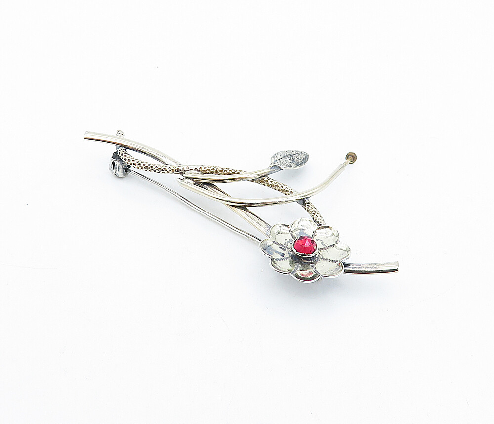 925 Sterling Silver Vintage Red Topaz Shiny Floral Vine Brooch Pin