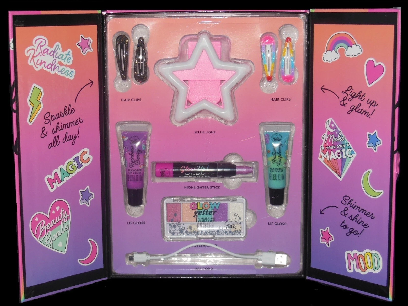 New Beautiful Glow by Justice Selfie Squad 10-Piece Hair, Cosmetics, Light Kit