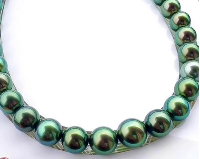 17''12-14mm South Sea Genuine Green Round Pearl Necklace With Dents Blemishes