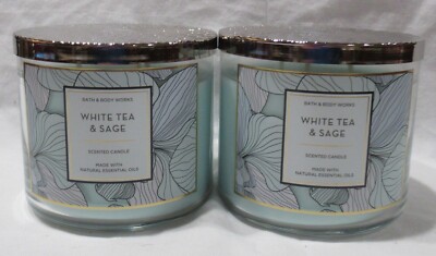 Bath & Body Works 3-wick Scented Candle Lot Set of 2 WHITE TEA & SAGE w/ess oils