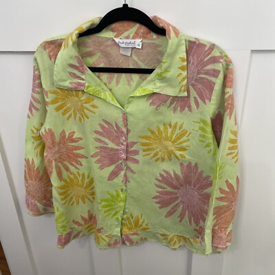 Women s Fresh Produce Linen Button down Shirt- Floral Print-Medium-3/4 Sleeve