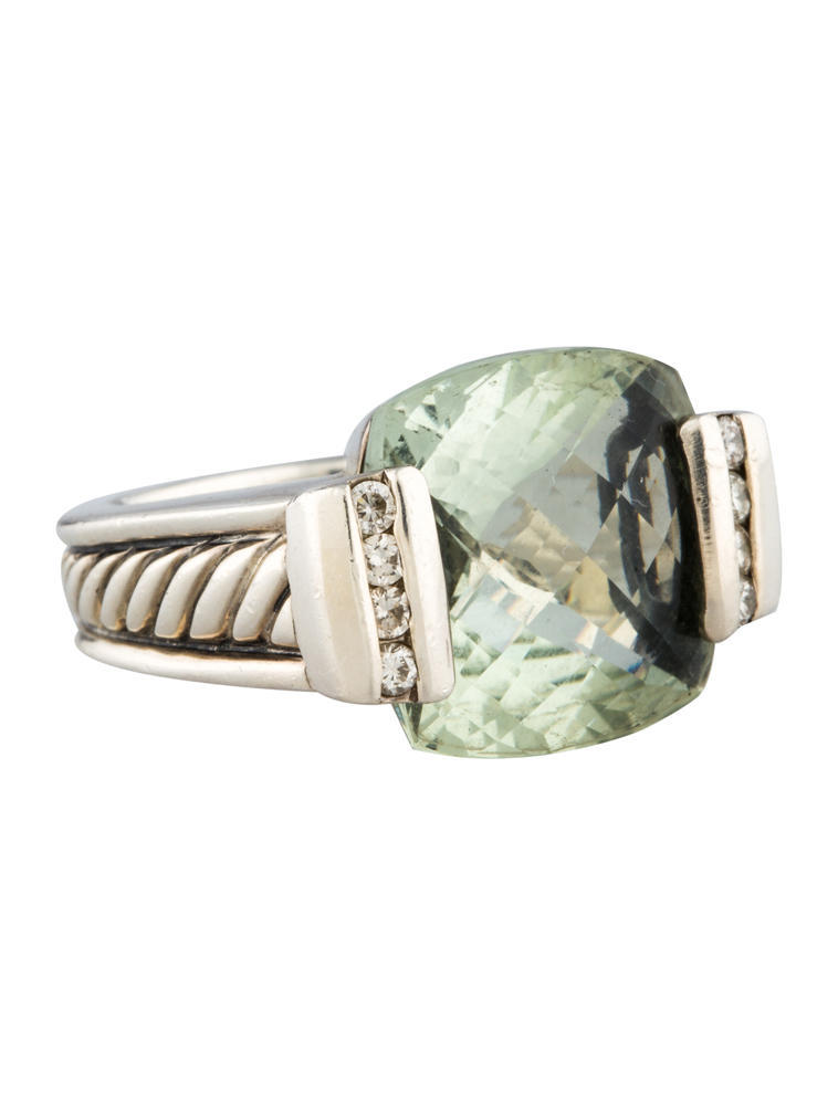 David Yurman 15mm Cushion Deco Prasiolite with Diamonds Ring