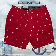 New DENALI Men's Stretch Waist Flat Front Shorts Nautianchrd Nautical Anchor Red