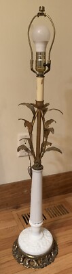 Vintage MCM Milk Glass Brass Leaves 35  Table Lamp Works Ornate