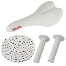 PRO+ PACKAGE DEAL: BICYCLE SEAT GRIPS CHAIN BMX ROAD FIXIE MTB BIKES WHITE