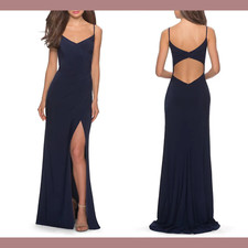 NEW 288 La Femme 6 Ruched Jersey Trumpet Gown in Navy Blue Q508