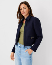 NEW ANN TAYLOR 179 NAVY BLUE CHAIN TRIM CROPPED TWEED JACKET SZ 0
