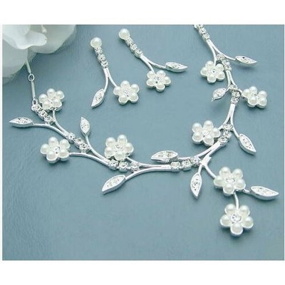 Parure de Bijoux Mariage argentée cristal clair et perles