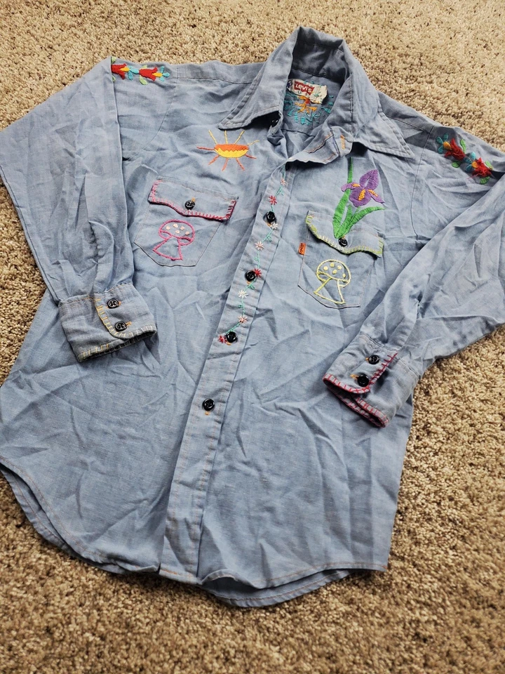 Camisa Levi's Vintage Mediana* Cambray Bordada Hippie Naranja Pestaña Años 70 Personalizada Foto 2 de 4