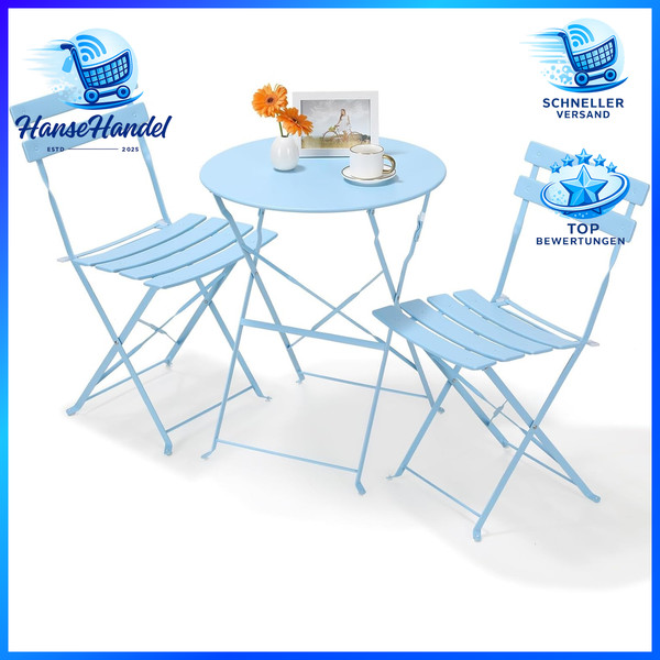 Bistro Set Klappbar 3-Teilig Mit Tisch Und 2 StüHlen Wetterfest Blau FüR Balkon-image