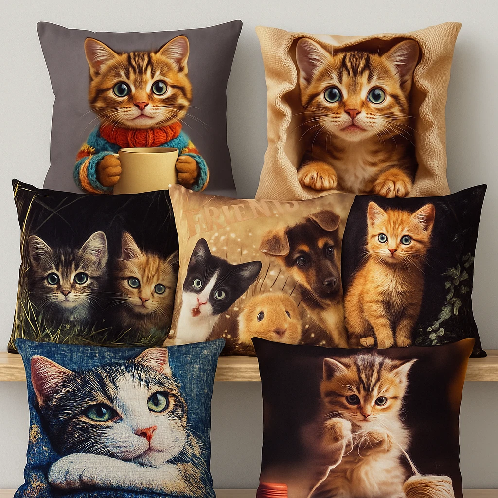 Animal Cat Print Velour Cushion Covers 40x40cm