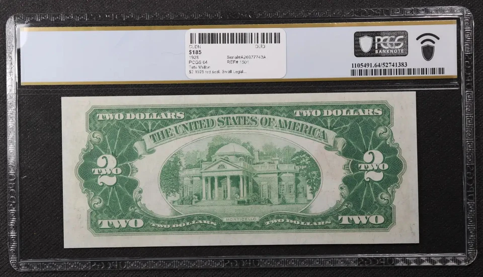 PCGS Choice UNC 64 Series 1928 $2 United States Note A-A block - Image 2 of 2