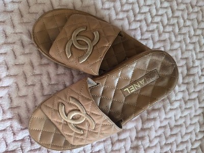 CHANEL Beige Quilted Leather Logo Accent Slide Sandals for Women