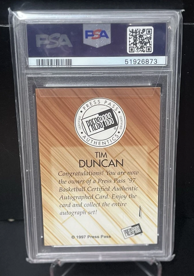 TIM DUNCAN 1997 PRESS PASS Autographs RED INK On-Card RC Rookie PSA 8 -Auth Auto - Image 2 of 2
