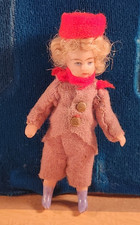 ANTIQUE MINIATURE ALL BISQUE DOLL, SWIVEL HEAD, PAINTED FEATURES, DRESSED