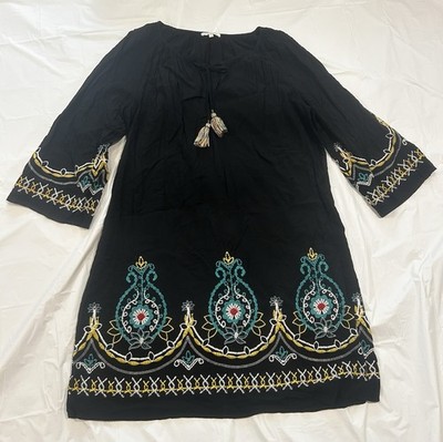 Kate & Sam Black Boho Embroidered Bell Sleeve Tunic Dress Large