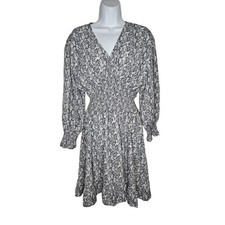 Women's 2XL Long Sleeve Floral Smocked Waist Dress Gray White V-Neck Boho Cottag