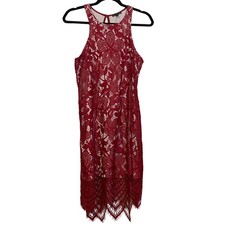 Express Red Floral Lace Halter Neck Shift Dress Scalloped Hem Sz M Dance Party