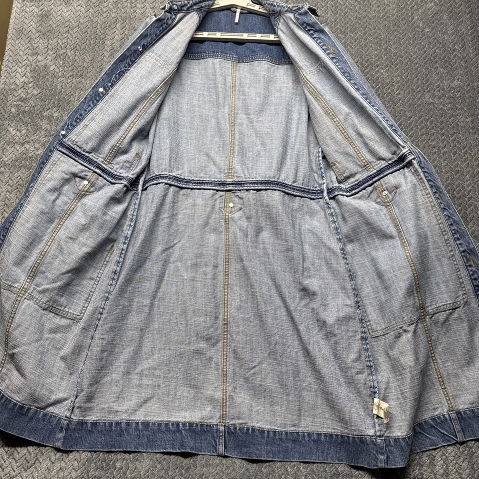 Free People Denim Trench Coat Women S Blue Belted Button Front Long Jean Jacket - Image 3 of 4