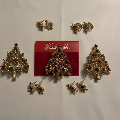 Eisenberg Christmas Tree LOT Multicolor Rhinestones Signed 3 Brooch 4 Earring