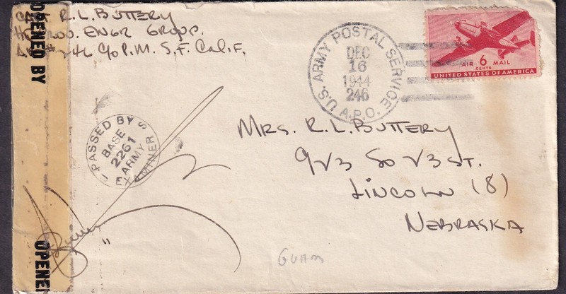 Dec 1944 WWII censor cover Captain R L Buttery APO 246 Guam to Lincoln Nebraska