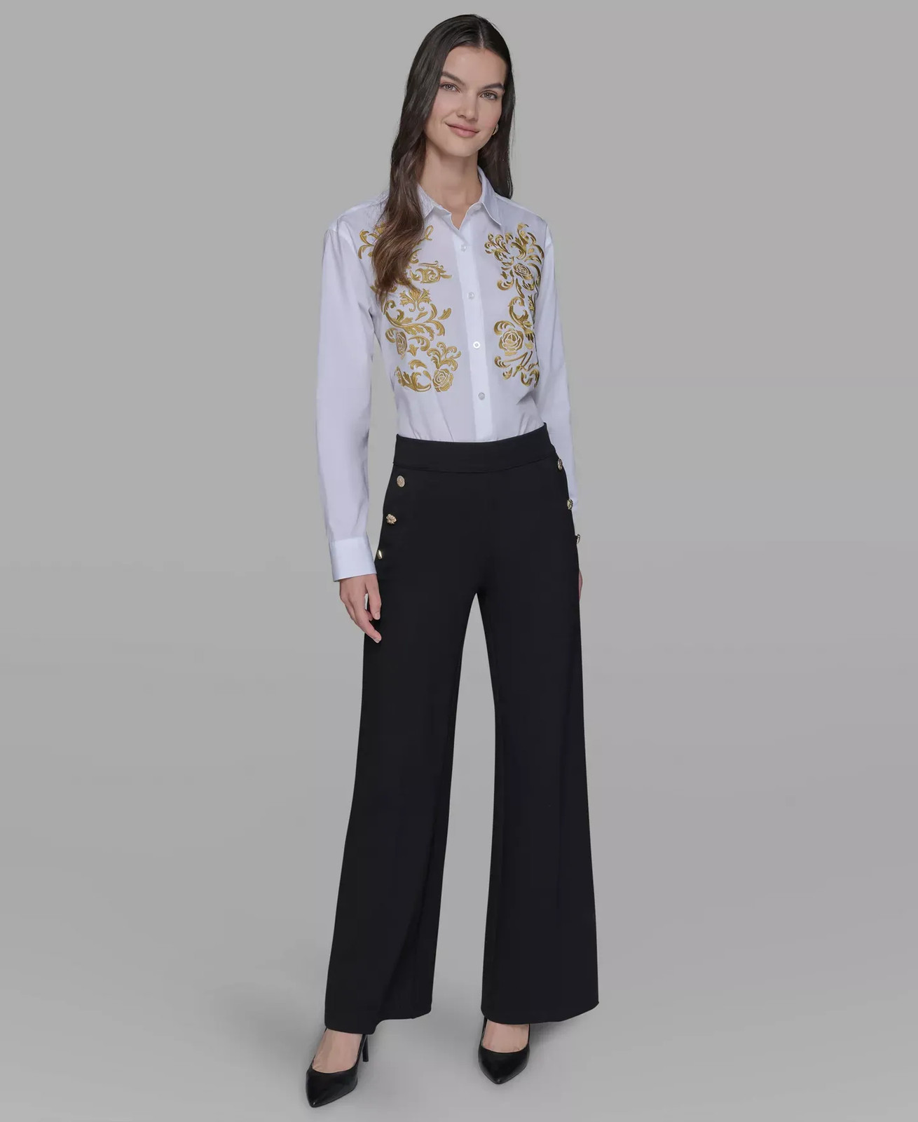 KARL LAGERFELD PARIS Women's Pants Sz M Side-Button Wide-Leg
