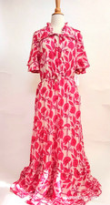 NWT Boemo Maxi Dress L Pink Red Floral Smocked Tiered Ruffle Boho Anthropologie